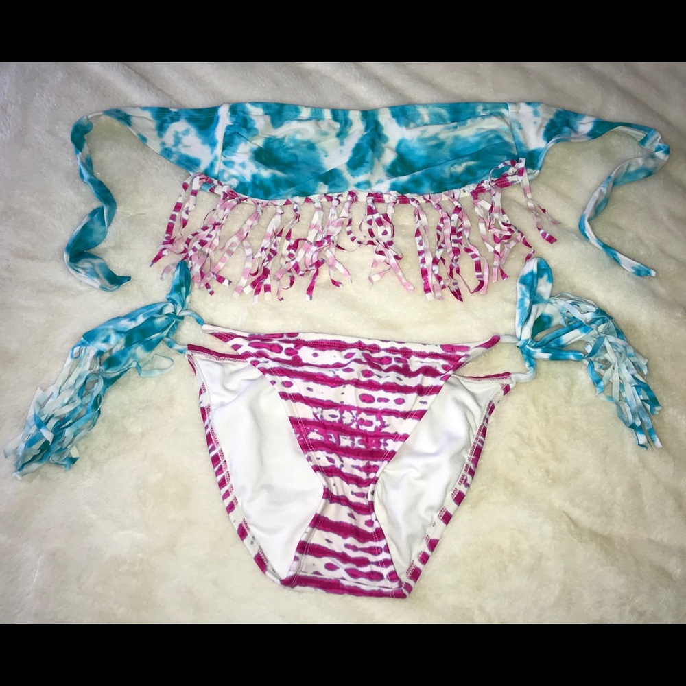 Tie Dyed Fringe Hot Pink and Turquoise Bikini